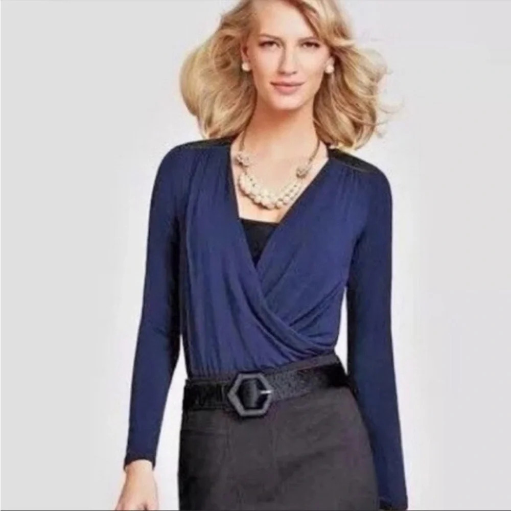 Cabi 953 Navy Blue Faux Leather Wrap Top